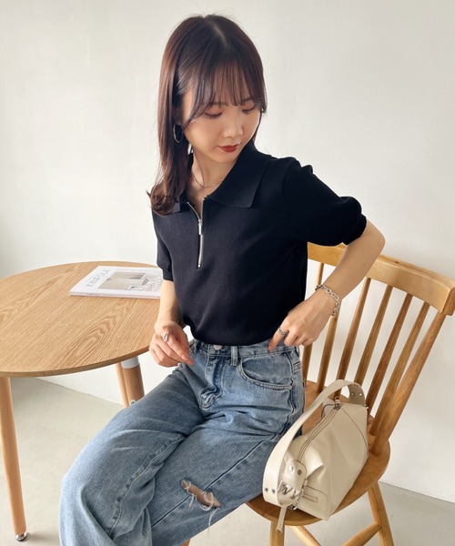 CLEA（クレア）の「ハーフジップ半袖サマーニットポロトップス（Tシャツ/カットソー・レディース・ブラック/アイボリー・FREE）」の18枚目の写真