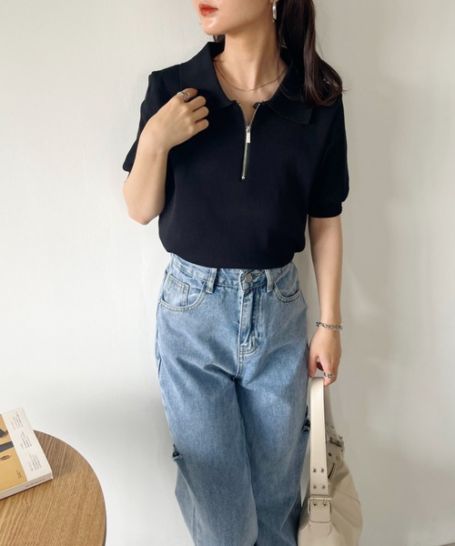 CLEA（クレア）の「ハーフジップ半袖サマーニットポロトップス（Tシャツ/カットソー・レディース・ブラック/アイボリー・FREE）」の13枚目の写真