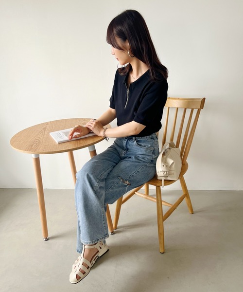 CLEA（クレア）の「ハーフジップ半袖サマーニットポロトップス（Tシャツ/カットソー・レディース・ブラック/アイボリー・FREE）」の19枚目の写真