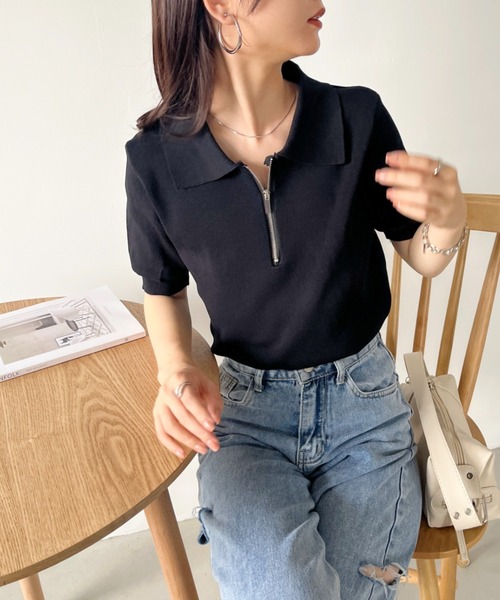 CLEA（クレア）の「ハーフジップ半袖サマーニットポロトップス（Tシャツ/カットソー・レディース・ブラック/アイボリー・FREE）」の17枚目の写真