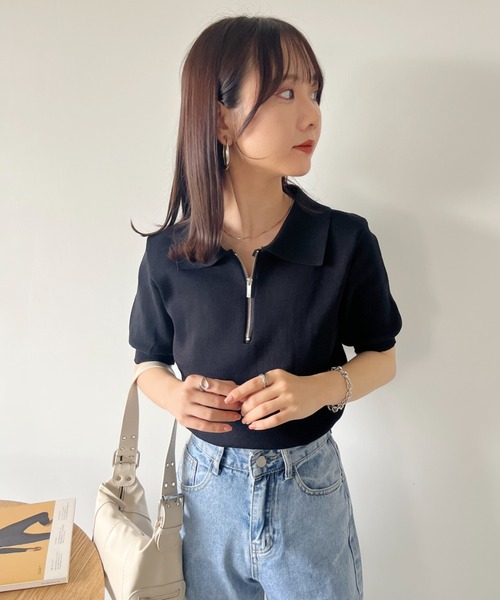 CLEA（クレア）の「ハーフジップ半袖サマーニットポロトップス（Tシャツ/カットソー・レディース・ブラック/アイボリー・FREE）」の14枚目の写真