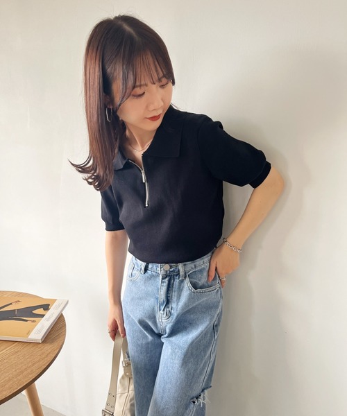 CLEA（クレア）の「ハーフジップ半袖サマーニットポロトップス（Tシャツ/カットソー・レディース・ブラック/アイボリー・FREE）」の15枚目の写真