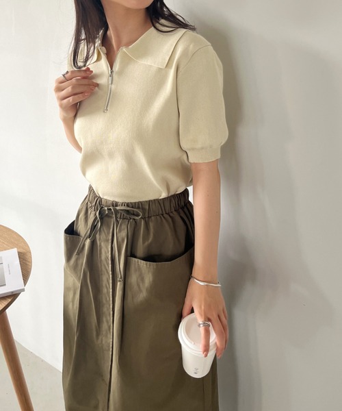 CLEA（クレア）の「ハーフジップ半袖サマーニットポロトップス（Tシャツ/カットソー・レディース・ブラック/アイボリー・FREE）」の5枚目の写真