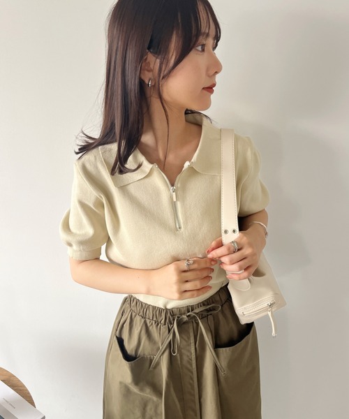 CLEA（クレア）の「ハーフジップ半袖サマーニットポロトップス（Tシャツ/カットソー・レディース・ブラック/アイボリー・FREE）」の6枚目の写真