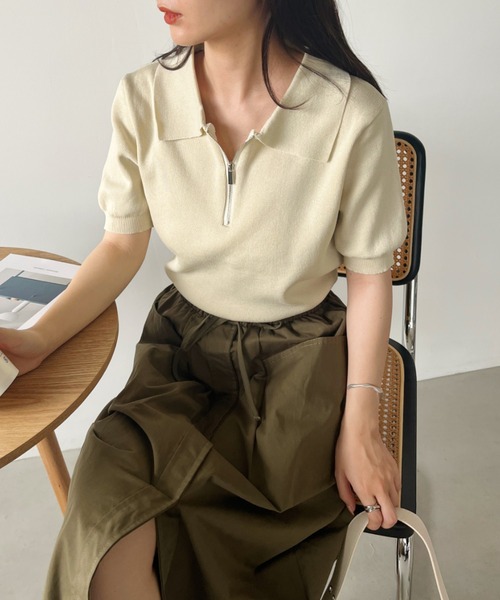 CLEA（クレア）の「ハーフジップ半袖サマーニットポロトップス（Tシャツ/カットソー・レディース・ブラック/アイボリー・FREE）」の8枚目の写真