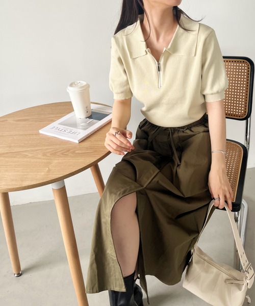 CLEA（クレア）の「ハーフジップ半袖サマーニットポロトップス（Tシャツ/カットソー・レディース・ブラック/アイボリー・FREE）」の9枚目の写真