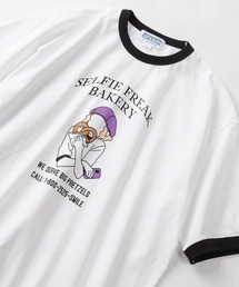 レトロタッチ ガールイラストプリント リンガーデザイン半袖Tシャツ/オーバーサイズ/【Selfie Freak】