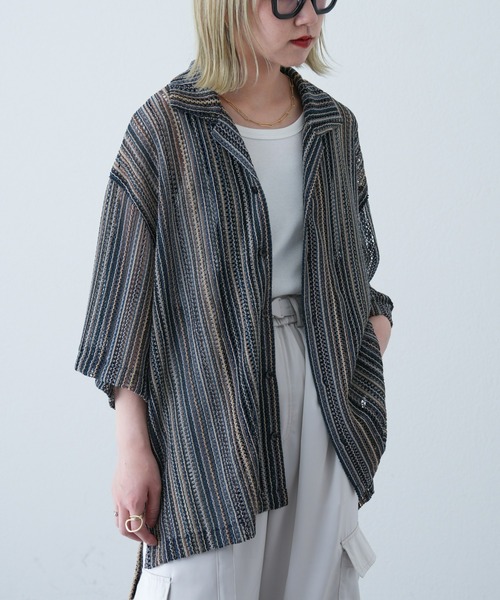 CIAOPANIC TYPY（チャオパニックティピー）の「マルチストライプ透かし編みバルファレースシャツ（シャツ/ブラウス・メンズ・ライトグレー/グリーン/オレンジ・MEDIUM/LARGE）」の17枚目の写真