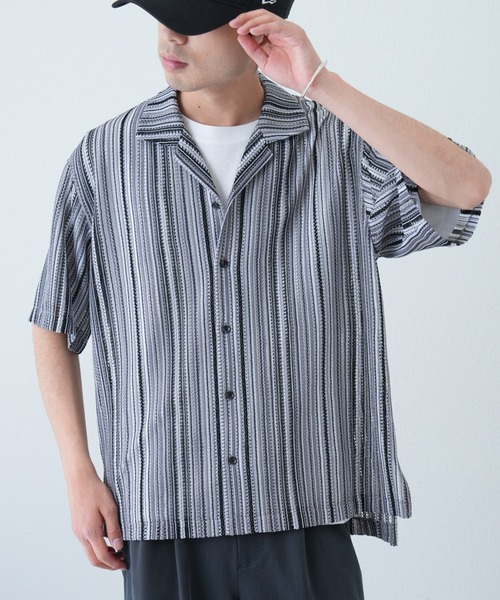 CIAOPANIC TYPY（チャオパニックティピー）の「マルチストライプ透かし編みバルファレースシャツ（シャツ/ブラウス・メンズ・ライトグレー/グリーン/オレンジ・MEDIUM/LARGE）」の9枚目の写真