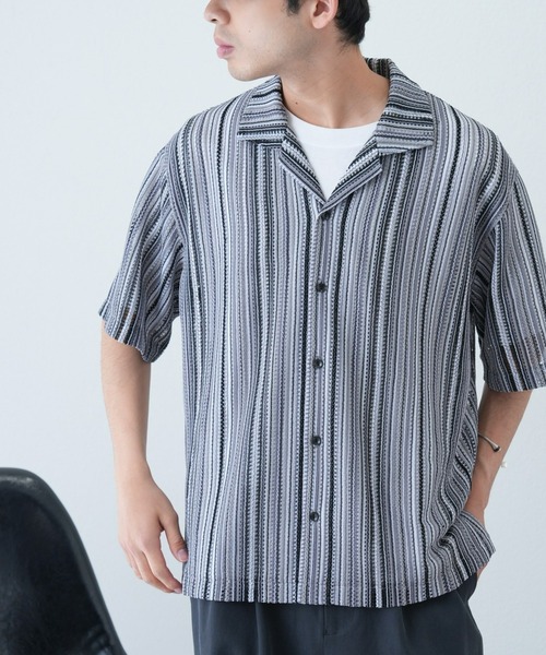 CIAOPANIC TYPY（チャオパニックティピー）の「マルチストライプ透かし編みバルファレースシャツ（シャツ/ブラウス・メンズ・ライトグレー/グリーン/オレンジ・MEDIUM/LARGE）」の10枚目の写真