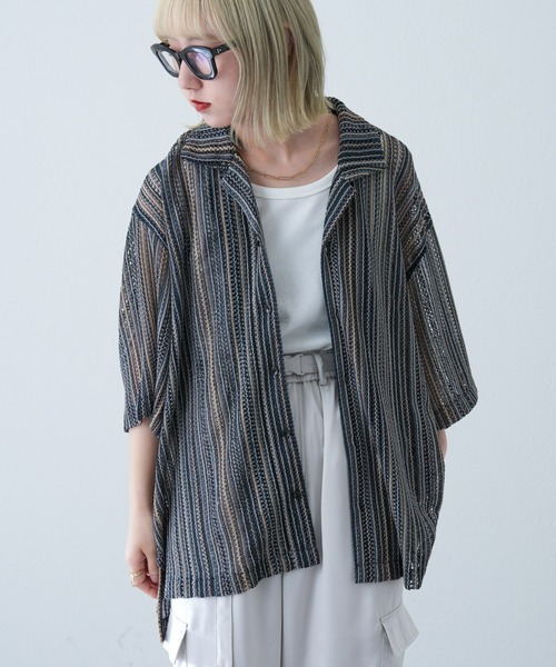 CIAOPANIC TYPY（チャオパニックティピー）の「マルチストライプ透かし編みバルファレースシャツ（シャツ/ブラウス・メンズ・ライトグレー/グリーン/オレンジ・MEDIUM/LARGE）」の18枚目の写真