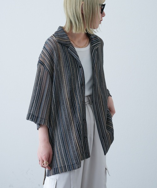 CIAOPANIC TYPY（チャオパニックティピー）の「マルチストライプ透かし編みバルファレースシャツ（シャツ/ブラウス・メンズ・ライトグレー/グリーン/オレンジ・MEDIUM/LARGE）」の19枚目の写真