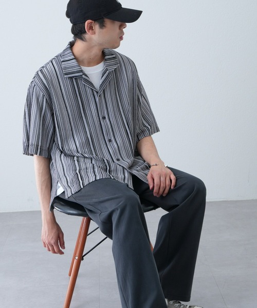 CIAOPANIC TYPY（チャオパニックティピー）の「マルチストライプ透かし編みバルファレースシャツ（シャツ/ブラウス・メンズ・ライトグレー/グリーン/オレンジ・MEDIUM/LARGE）」の14枚目の写真