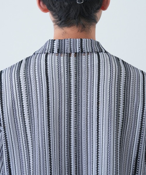 CIAOPANIC TYPY（チャオパニックティピー）の「マルチストライプ透かし編みバルファレースシャツ（シャツ/ブラウス・メンズ・ライトグレー/グリーン/オレンジ・MEDIUM/LARGE）」の5枚目の写真