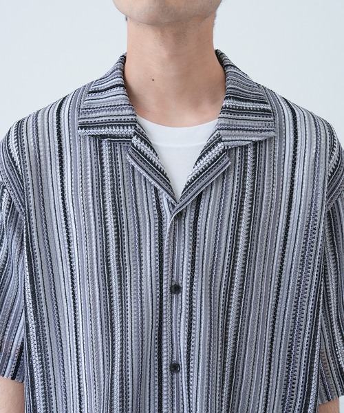 CIAOPANIC TYPY（チャオパニックティピー）の「マルチストライプ透かし編みバルファレースシャツ（シャツ/ブラウス・メンズ・ライトグレー/グリーン/オレンジ・MEDIUM/LARGE）」の4枚目の写真