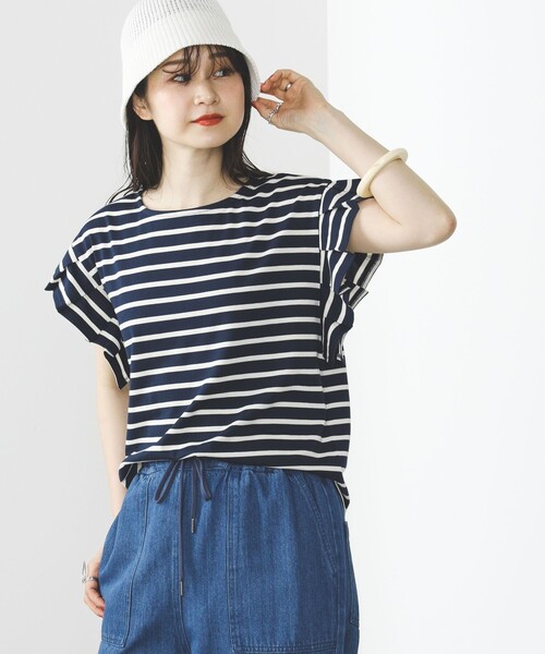 BEAMS HEART(ビームスハート)の「BEAMS HEART / 袖タック ボーダープルオーバー(Tシャツ/カットソー・レディース・グリーン/オフホワイト/ネイビー・FREE)」の8枚目の写真