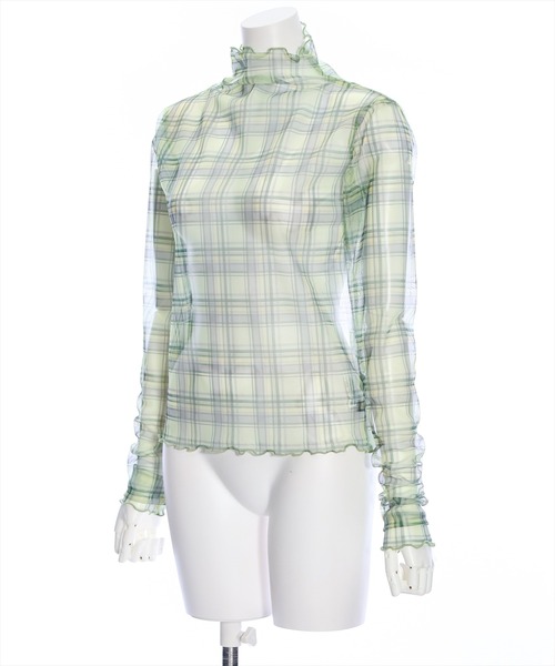 clear（クリア）の「チェック柄チュールシアートップス（Tシャツ/カットソー・レディース・グリーン/ブルー・F）」の3枚目の写真