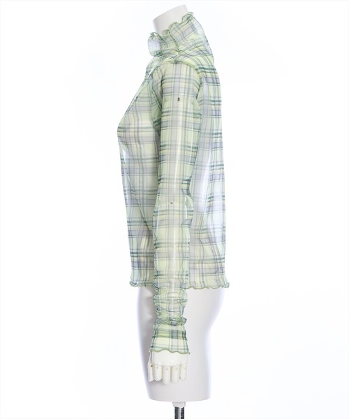 clear（クリア）の「チェック柄チュールシアートップス（Tシャツ/カットソー・レディース・グリーン/ブルー・F）」の4枚目の写真