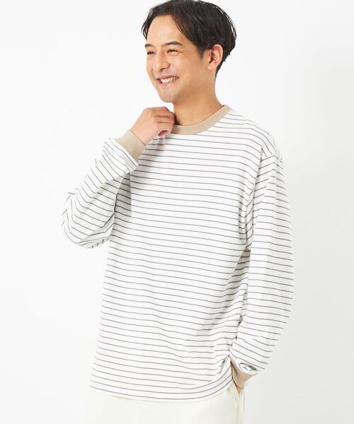 green label relaxing（グリーンレーベルリラクシング）の「マルチボーダー クルーネック 長袖 Tシャツ（Tシャツ/カットソー・メンズ・オフホワイト/ベージュ・S/M/L/XL）」の2枚目の写真