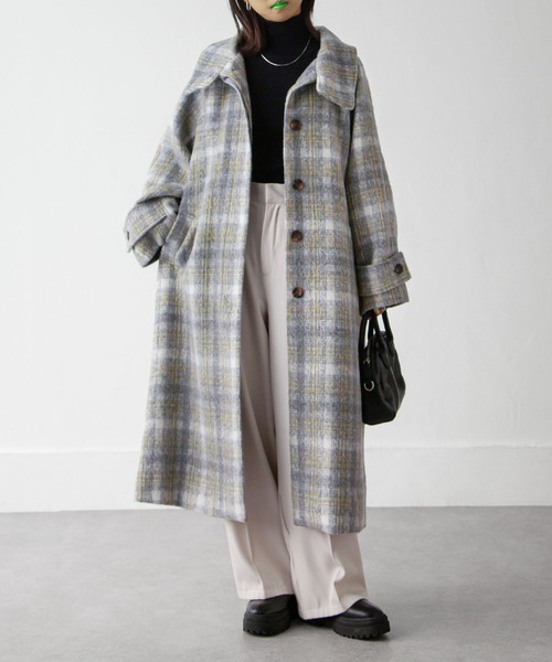 Chillfar（チルファー）の「チェック柄スタンドカラーラグランコート（チェスターコート・レディース・アイボリー/ネイビー/グレー・MEDIUM/LARGE）」の11枚目の写真