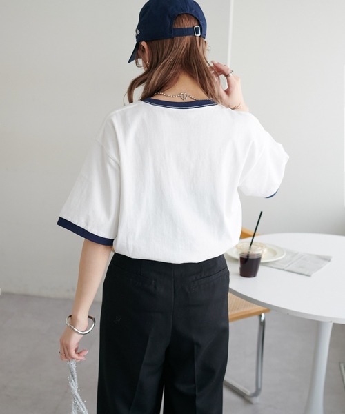 DISCOAT（ディスコート）の「【一枚で着映え◎/WEB限定】ナンバリングリンガーTシャツ（Tシャツ/カットソー・レディース・オフホワイト/ネイビー/イエロー・FREE/SMALL）」の6枚目の写真