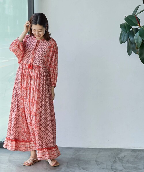 coen(コーエン)の「MARKET(マーケット)サラサプリントカフタンワンピース(ワンピース・レディース・イエロー/オレンジ/ケリーグリーン・FREE)」の1枚目の写真