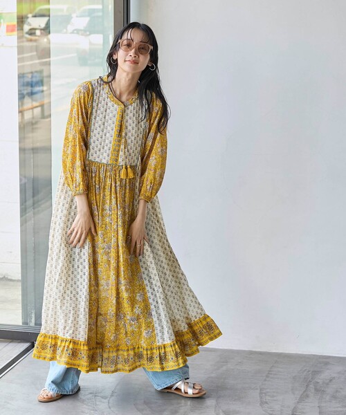 coen(コーエン)の「MARKET(マーケット)サラサプリントカフタンワンピース(ワンピース・レディース・イエロー/オレンジ/ケリーグリーン・FREE)」の13枚目の写真