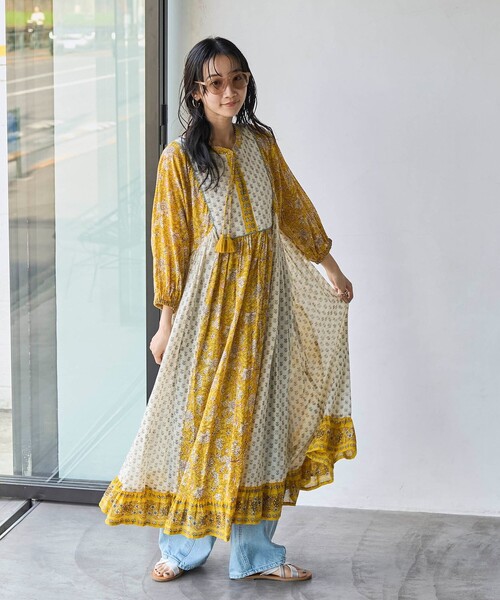 coen(コーエン)の「MARKET(マーケット)サラサプリントカフタンワンピース(ワンピース・レディース・イエロー/オレンジ/ケリーグリーン・FREE)」の14枚目の写真