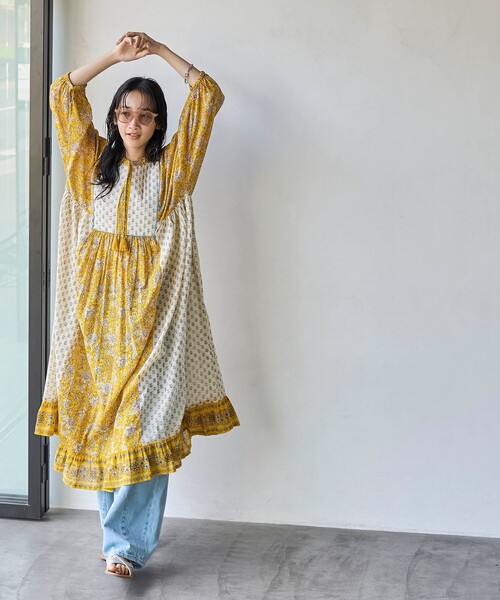 coen(コーエン)の「MARKET(マーケット)サラサプリントカフタンワンピース(ワンピース・レディース・イエロー/オレンジ/ケリーグリーン・FREE)」の16枚目の写真