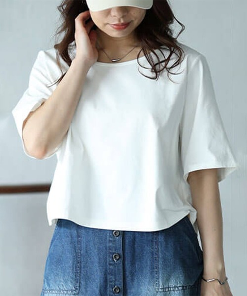 GOLDJAPAN(ゴールドジャパン)の「クロップド丈ワイドTシャツ『大きいサイズ対応』(Tシャツ/カットソー・レディース・オフホワイト/グレー/グリーン/ブラック/ネイビー・LL/5L/4L/3L)」の1枚目の写真
