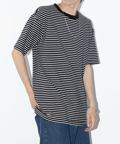 SETUP7(セットアップセブン)の「【SETUP7】半袖 オーバーサイズハーフスリーブボーダーTシャツ SCCH364(Tシャツ/カットソー・メンズ・ホワイト/ブラック/ブラック系その他2・L/XL)」の2枚目の写真
