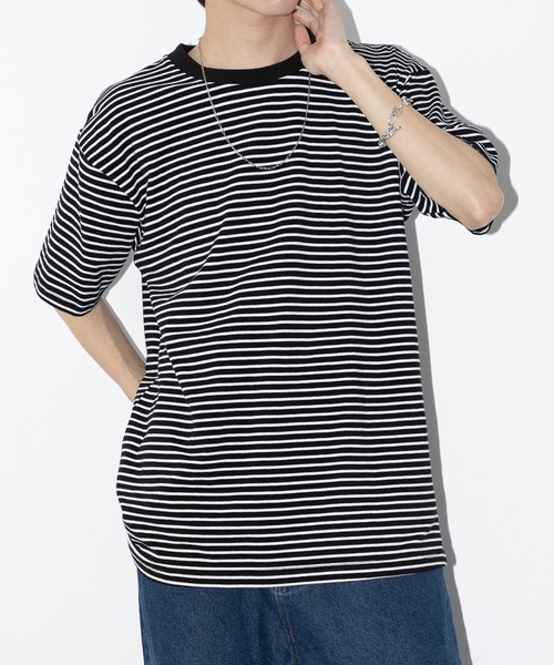 SETUP7(セットアップセブン)の「【SETUP7】半袖 オーバーサイズハーフスリーブボーダーTシャツ SCCH364(Tシャツ/カットソー・メンズ・ホワイト/ブラック/ブラック系その他2・L/XL)」の7枚目の写真