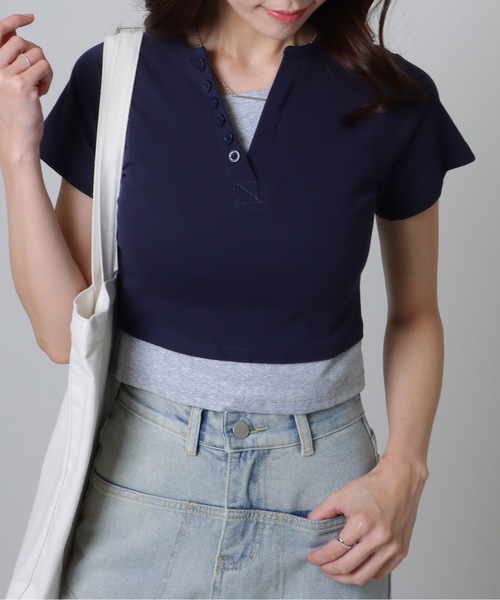 Lace Ladies(レースレディース)の「ヘンリー Vネック フェイクレイヤード バイカラー トップス(Tシャツ/カットソー・レディース・アイボリー/グレー/ネイビー/ピンク・M/XL)」の20枚目の写真