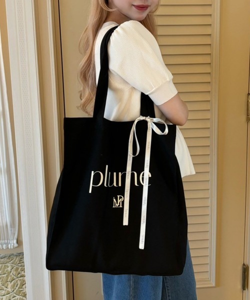 one after another NICE CLAUP（ワンアフターアナザーナイスクラップ）の「【plume】リボン付きキャンバストートバッグ（トートバッグ・レディース・ブラック/ピンク/アイボリー・FREE）」の2枚目の写真