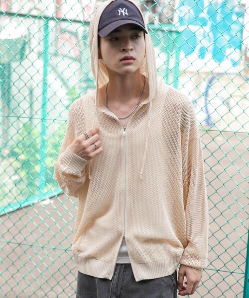 WEGO(ウィゴー)の「WEGO/メッシュニットZIPパーカー(カーディガン/ボレロ・メンズ・アイボリー/ブラック・MEDIUM/LARGE)」の1枚目の写真