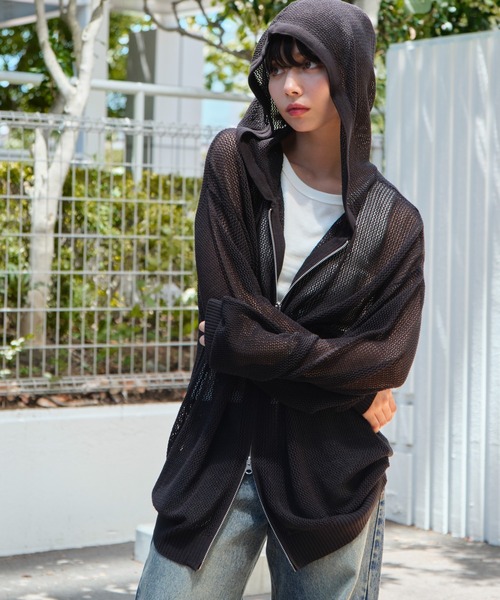 WEGO(ウィゴー)の「WEGO/メッシュニットZIPパーカー(カーディガン/ボレロ・メンズ・アイボリー/ブラック・MEDIUM/LARGE)」の2枚目の写真