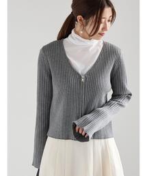 リブダブルジップVネックカーディガン