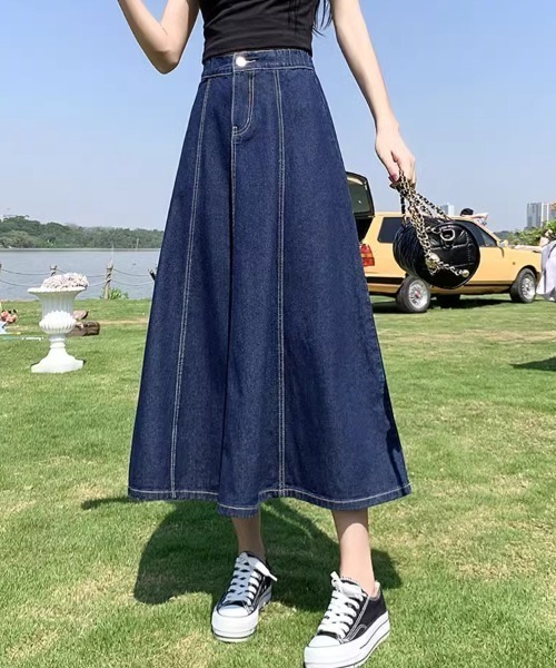 paravion（パラビオン）の「フレアデニムスカート／ウエストゴム（デニムスカート・レディース・ライトブルー/ネイビー・LARGE/MEDIUM/SMALL）」の3枚目の写真