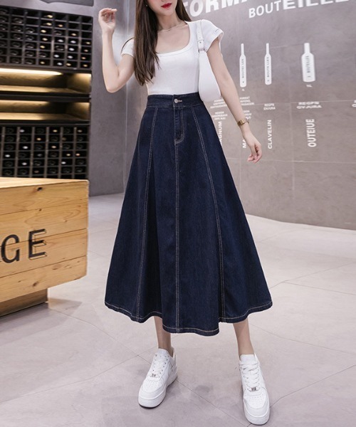 paravion（パラビオン）の「フレアデニムスカート／ウエストゴム（デニムスカート・レディース・ライトブルー/ネイビー・LARGE/MEDIUM/SMALL）」の9枚目の写真