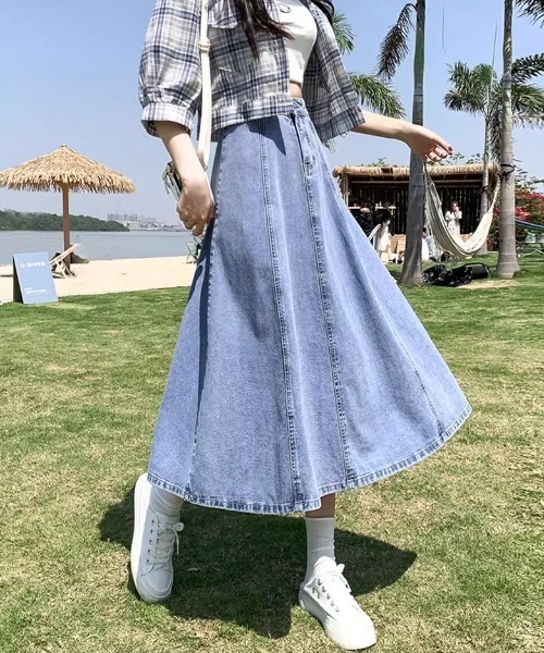 paravion（パラビオン）の「フレアデニムスカート／ウエストゴム（デニムスカート・レディース・ライトブルー/ネイビー・LARGE/MEDIUM/SMALL）」の14枚目の写真