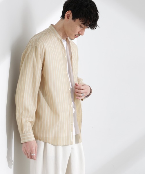 NANO universe（ナノユニバース）の「「大人のワイドシャツ」バンドカラー ストライプ 長袖（シャツ/ブラウス・メンズ・ベージュ/グレー/サックスブルー・M/L）」の6枚目の写真