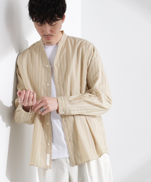 NANO universe（ナノユニバース）の「「大人のワイドシャツ」バンドカラー ストライプ 長袖（シャツ/ブラウス・メンズ・ベージュ/グレー/サックスブルー・M/L）」の4枚目の写真