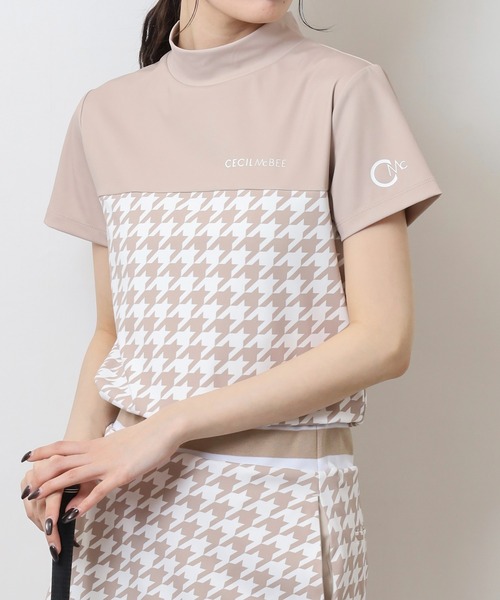 CECIL McBEE（セシルマクビー）の「ハウンドトゥース切り替え半袖モックネックシャツ（Tシャツ/カットソー・レディース・ブラック/ベージュ・2(M)/3(L)/1(S)）」の7枚目の写真