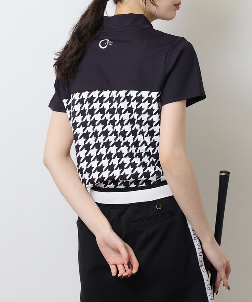 CECIL McBEE（セシルマクビー）の「ハウンドトゥース切り替え半袖モックネックシャツ（Tシャツ/カットソー・レディース・ブラック/ベージュ・2(M)/3(L)/1(S)）」の3枚目の写真
