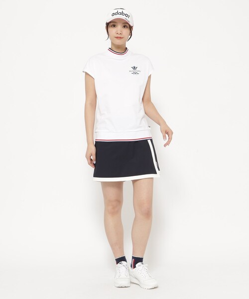 tシャツ 「新レーベル ADABAT NAVY」UVカット/吸水速乾 ダブルラインモックネックT レディース 新レーベル ADABAT NAVY】UVカット/吸水速乾 ダブルラインモック