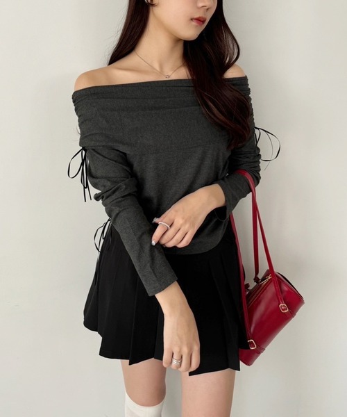 one after another NICE CLAUP（ワンアフターアナザーナイスクラップ）の「ドロストリボンオフショルトップス【ZOZO限定商品】（Tシャツ/カットソー・レディース・ピンク/アイボリー/チャコールグレー/モカ・FREE）」の3枚目の写真