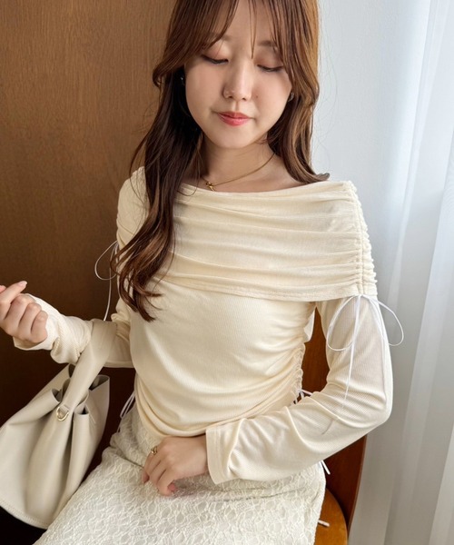 one after another NICE CLAUP（ワンアフターアナザーナイスクラップ）の「ドロストリボンオフショルトップス【ZOZO限定商品】（Tシャツ/カットソー・レディース・ピンク/アイボリー/チャコールグレー/モカ・FREE）」の19枚目の写真