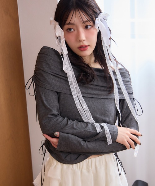 one after another NICE CLAUP（ワンアフターアナザーナイスクラップ）の「ドロストリボンオフショルトップス【ZOZO限定商品】（Tシャツ/カットソー・レディース・ピンク/アイボリー/チャコールグレー/モカ・FREE）」の5枚目の写真