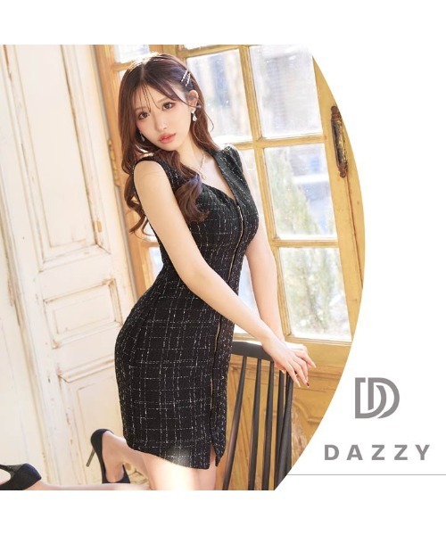 DAZZY(デイジー)の「【目を惹く贅沢ツイード】スリットからのさりげない肌見せがセクシー!ツイードチェック ジップスリット ノースリーブ タイトミニドレス(ドレス・レディース・クリーム/ブラック・L/M/S)」の12枚目の写真