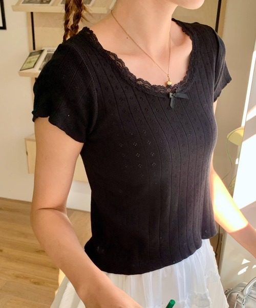 everycoco(エブリーココ)の「レーストリムサマーニットTシャツ(Tシャツ/カットソー・レディース・ホワイト/ブラック・FREE)」の18枚目の写真